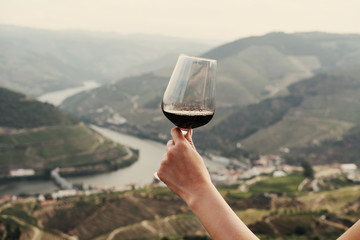 hand holding a glass of red wine on background Landscape of Douro Valley, Portugal. Port Wine  production place - obrazy, fototapety, plakaty