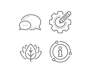 Settings gear line icon. Chat bubble, info sign elements. Cogwheel with star sign. Edit working process symbol. Linear settings gear outline icon. Information bubble. Vector