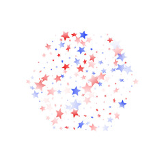 Flying red blue white star sparkles on white vector american patriotic background.