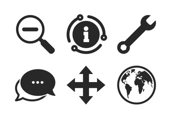 Fullscreen arrows and wrench key repair sign symbols. Chat, info sign. Magnifier glass and globe search icons. Classic style speech bubble icon. Vector