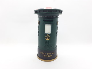 Classic Royal English Vintage Postal Service Box Iconic Model Toys with English Flag Painting on the Top in White Isolated background