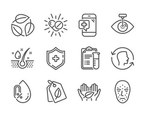 Set of Healthcare icons, such as Face biometrics, No alcohol, Serum oil, Medical shield, Fair trade, Face id, Medical drugs, Bio tags, Eye laser, Leaves line icons. Face biometrics icon. Vector