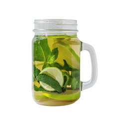 beverage lime and mint lemonade drink in glass jar isolated on white
