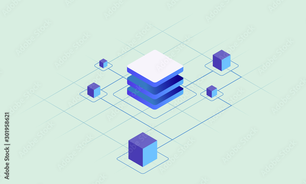 Poster blockchain technology, smart chain decentralized secure storage vector concept illustration. abstrac