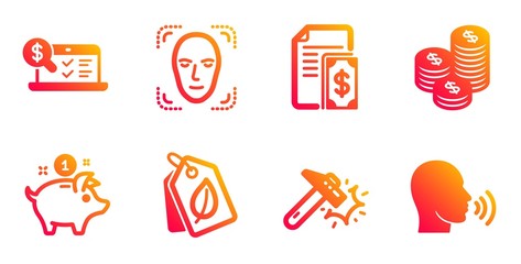 Saving money, Online accounting and Bio tags line icons set. Hammer blow, Payment and Coins signs. Face detection, Human sing symbols. Piggy bank, Web audit. Business set. Vector