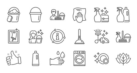 Cleaning line icons. Laundry, Window sponge and Vacuum cleaner. Washing machine linear icon set. Quality line set. Vector