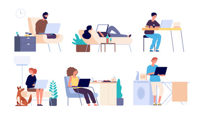 People surfing internet. Man and woman online with gadget, laptop. Guys spend time in internet shopping and chatting vector flat set. Illustration surfing networking, using web chatting communication