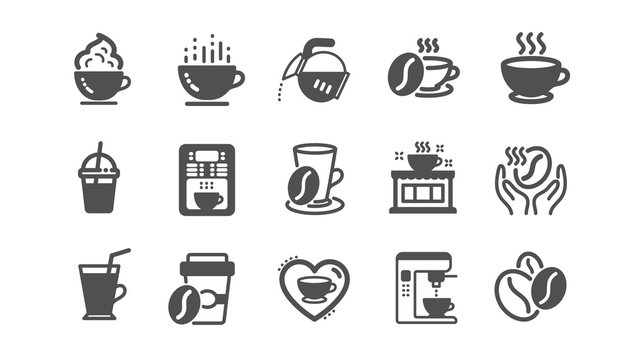Coffee icons. Beans, hot cocktail and coffee maker machine. Espresso cup, cappuccino icons. Latte vending machine and roasted beans. Classic set. Quality set. Vector