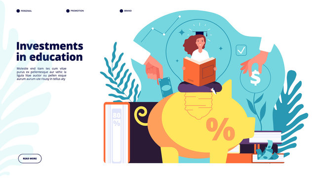 Investments in education. Investment in knowledge learning student, educative credit scholarship, financial business plan vector design. Education school credit, student with scholarship illustration