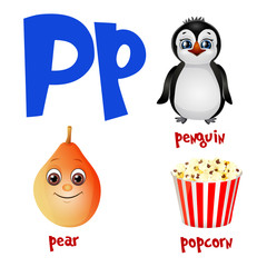 Vector cute kids cartoon alphabet. Letter P with penguin, pear and popcorn.