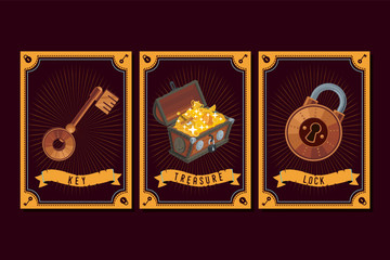 Game asset pack. Fantasy card with magic items. User interface design elements with decorative frame. Cartoon vector illustration.