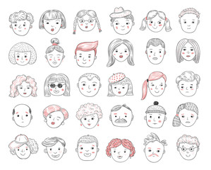Sketch people avatars. Female and male portraits, human faces, men and women user profile doodle icons vector set. Male and female profile, sketch user person illustration