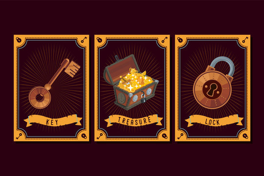 Game Asset Pack. Fantasy Card With Magic Items. User Interface Design Elements With Decorative Frame. Cartoon Vector Illustration.