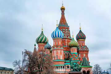 Fototapeta na wymiar St. Basil's Cathedral on a background of cloudy sky. Close-up.