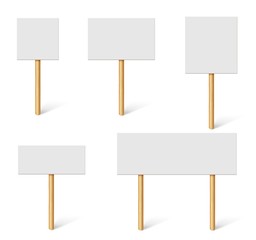 Blank demonstration banners. Protest placards, public transparency with wooden holders. Campaign boards with sticks vector 3d mockup. Illustration blank and placard empty, cardboard banner