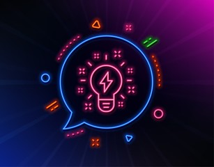 Inspiration line icon. Neon laser lights. Creativity light bulb with lightning bolt sign. Graphic art symbol. Glow laser speech bubble. Neon lights chat bubble. Vector