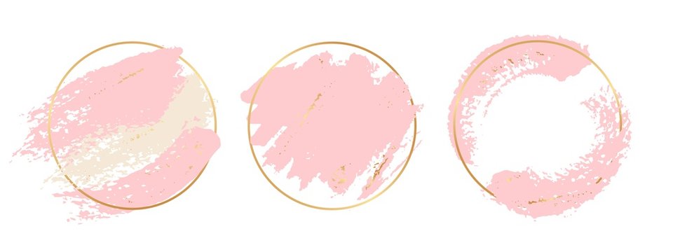 Gold pink background. Circle gold frames with pastel pink brushes elements. Vector brush strokes banners template. Illustration stroke pastel, splash brush watercolor