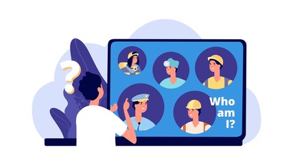 Career choice. Career opportunities illustration. Young man chooses profession. Vector student looking for work in laptop. Ways to career and job