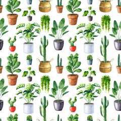 Watercolor seamless pattern with home plants in clay pots and straw basket. Monstera, ficus, cactus, sansevieria, opuntia. Texture for fabrics, wallpapers,  wrapping paper.