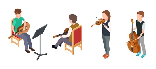 Children musicians. Isometric characters with violin guitar cello. Vector children orchestra isolated on white background. Illustration character with guitar and violin