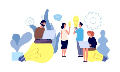 Differet ideas. People have ideas vector concept. Innovation, teamwork, startup. Young people characters with giant light bulbs, laptop. Illustration leadership with idea, team success brainstorming