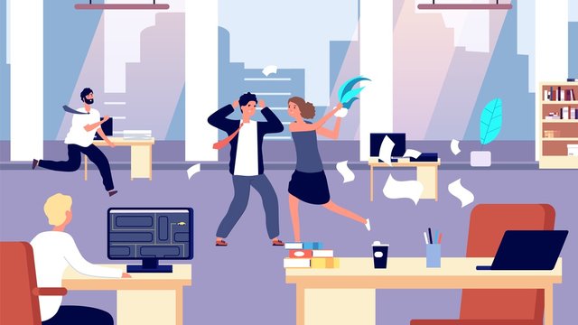 Office brawl. Chaos in workplace. Negative employees in office. Bad organization control, business corporate vector illustration. Office business battle, brawl on workplace, quarrel and fight