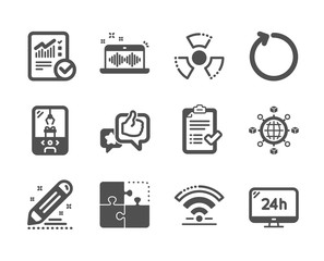 Set of Technology icons, such as Logistics network, Brand contract, Loop, Chemical hazard, 24h service, Approved checklist, Music making, Crane claw machine, Wifi, Checked calculation. Vector