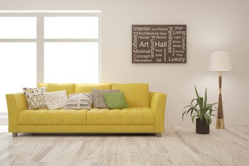 Stylish room in white color with sofa. Scandinavian interior design. 3D illustration