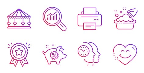 Carousels, Time management and Hand washing line icons set. Loyalty award, Data analysis and Printer signs. Piggy sale, Smile face symbols. Attraction park, Teamwork clock. Business set. Vector
