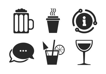 Take away coffee cup and glass of beer symbols. Chat, info sign. Drinks icons. Wine glass and cocktail signs. Classic style speech bubble icon. Vector
