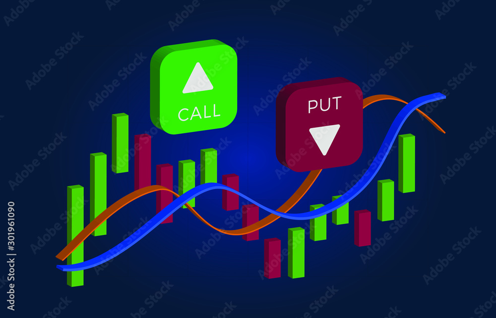 Poster binary option - call and put buttons with up and down arrows and price candles chart. currency excha