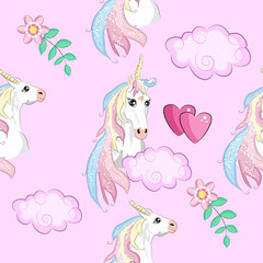 Seamless pattern with Unicorns, rainbows and hearts, trendy cartoon patches.