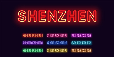Neon Shenzhen name, City in China. Neon text of Shenzhen city. Vector set of glowing Headlines