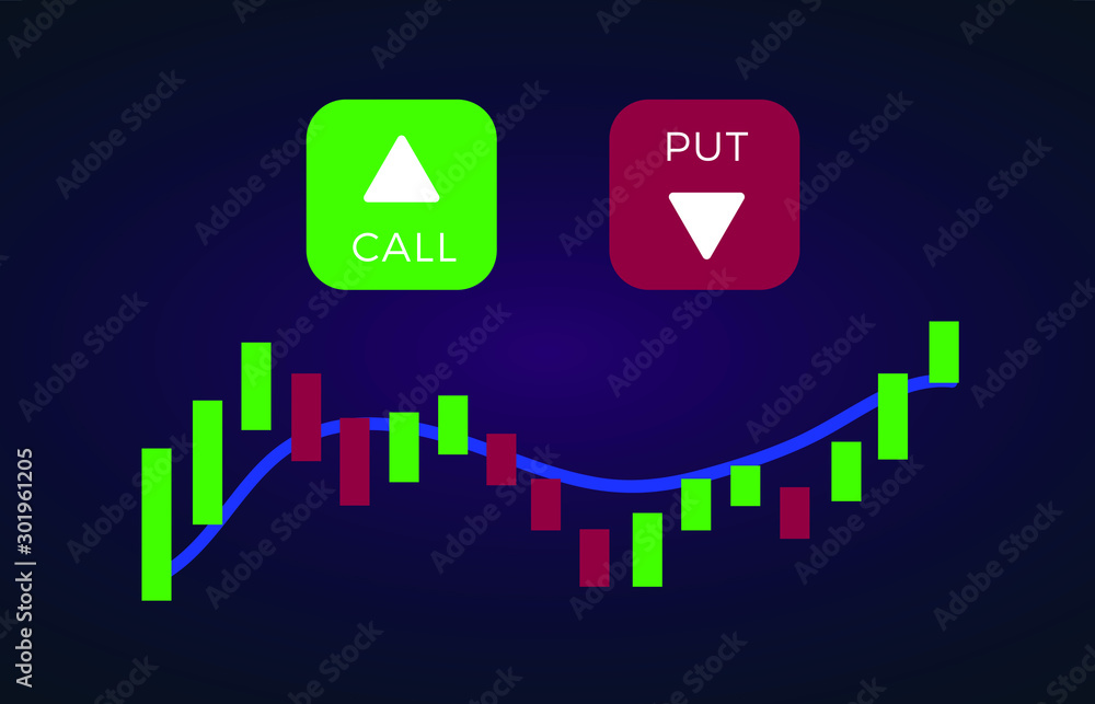 Aufkleber binary option with put and call buttons with down and up arrows. currency exchange market price with