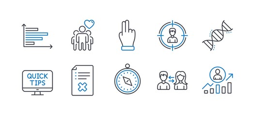 Set of Business icons, such as Friendship, Travel compass, Horizontal chart, People communication, Reject file, Headhunting, Web tutorials, Chemistry dna, Click hand, Career ladder. Vector