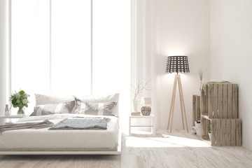 Stylish bedroom in white color. Scandinavian interior design. 3D illustration
