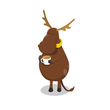 Deer with cup of tea. Elk drinking coffee. Isolated image i cartoon style