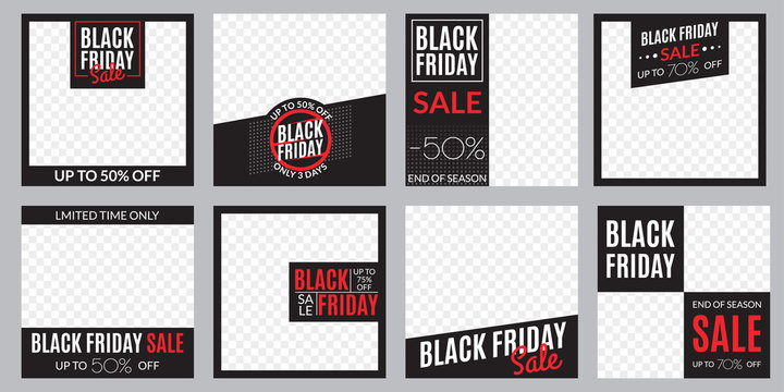 Black Friday sale banner set. Social media post or web ads design template. Price off discount background. Vector illustration.