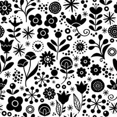 Folk floral seamless vector pattern - hand drawn vintage Scandinavian style textile design with black and white flowers  