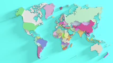 World map. Multicolor continents.  3d rendering