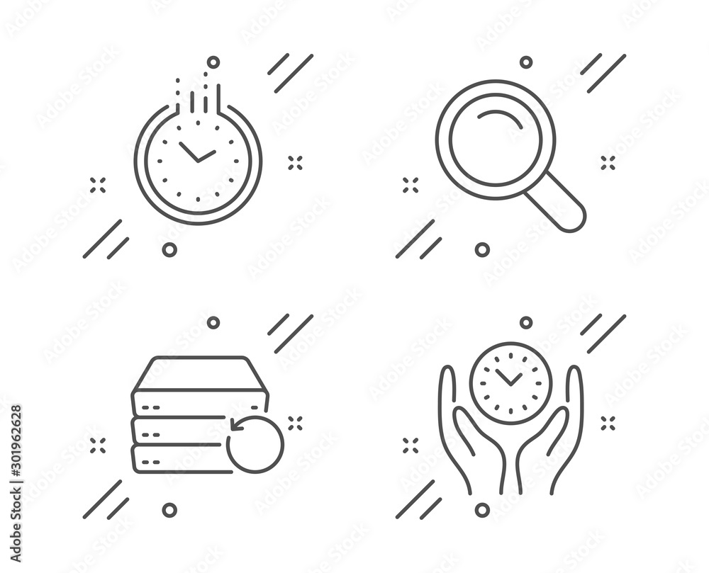 Poster time, recovery server and search line icons set. safe time sign. clock, backup data, magnifying glas