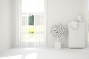 Empty room in white color. Scandinavian interior design. 3D illustration