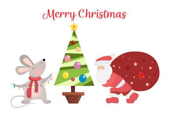 Christmas vector set with the mouse, santa claus, сhrismas tree.