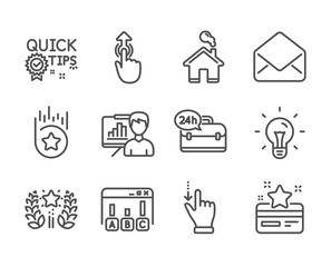 Set of Technology icons, such as Loyalty card, Idea, Survey results, Quick tips, Loyalty star, Swipe up, 24h service, Presentation board, Ranking, Mail, Home, Touchscreen gesture. Vector