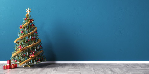 Christmas tree in front of a empty blue mock-up wall, 3D Rendering, 3D Illustration