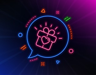 Love gift line icon. Neon laser lights. Heart present box sign. Dating profile symbol. Glow laser speech bubble. Neon lights chat bubble. Banner badge with love gift icon. Vector