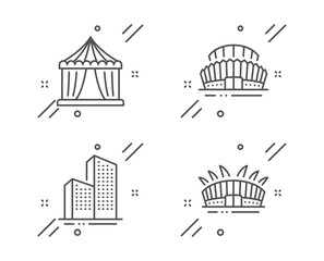 Skyscraper buildings, Sports stadium and Circus tent line icons set. Arena stadium sign. Town architecture, Championship arena, Attraction park. Sport complex. Buildings set. Vector