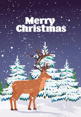 cartoon reindeer standing in winter forest cute deer animal greeting card merry christmas happy new year holidays congratulation lettering vertical vector illustration