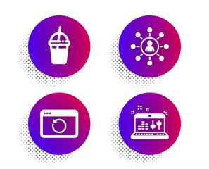 Coffee cocktail, Recovery internet and Networking icons simple set. Halftone dots button. Sound check sign. Milkshake, Backup info, Business communication. Dj controller. Business set. Vector