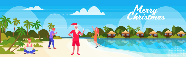 people on tropical beach new year christmas vacation holiday men women using gadgets seascape background greeting card horizontal vector illustration